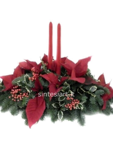 Composizione Natalizia con Abete, Stelle di Natale e Candele